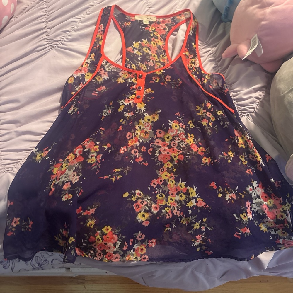 Lush Floral Mesh Top with Orange Trim